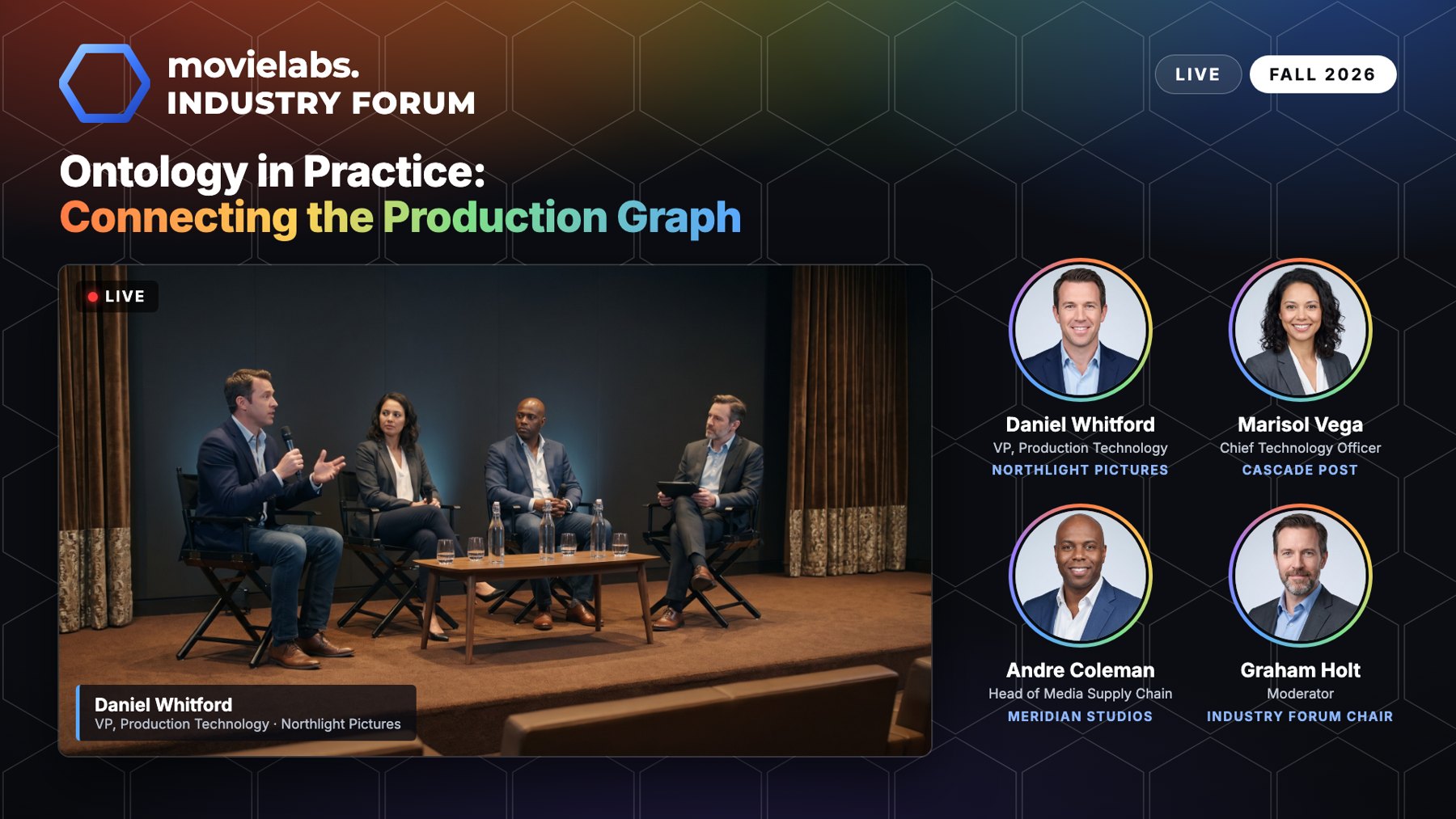 Flat screen layout: live panel camera, four speaker cards, MovieLabs Industry Forum branding